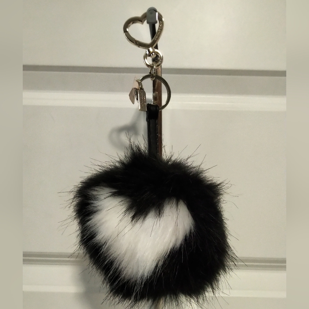 BRAND NEW Victoria's Secret Faux Fur Heart Pom Keychain - Black & White
